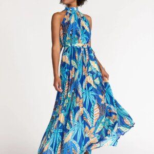 Flying Tomato Tropical Blue High Neck Belted Pleated Maxi Dress Size 1X